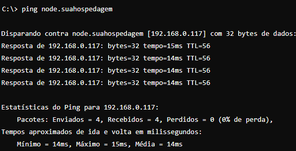 Este exemplo mostra o resultado do comando ping executado no Prompt de Comando para o domínio node.suahospedagem. O endereço IP correspondente é 192.168.0.117.